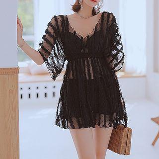 Set: Short-sleeve Lace Dress + Bikini Top + Frill Trim Swim Shorts