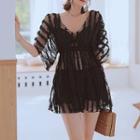 Set: Short-sleeve Lace Dress + Bikini Top + Frill Trim Swim Shorts