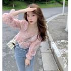 Long-sleeve Floral Cropped Blouse Pink - One Size
