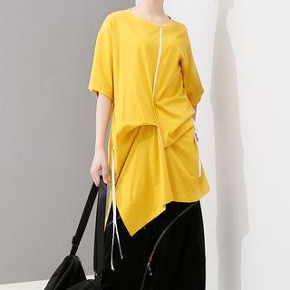 Elbow-sleeve Asymmetric Crinkled Mini T-shirt Dress