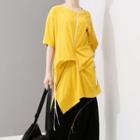 Elbow-sleeve Asymmetric Crinkled Mini T-shirt Dress