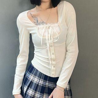 Square-neck Lace Trim T-shirt
