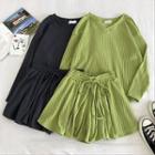 Set: V-neck Ribbed Knit Top + Knit Wide Leg Shorts