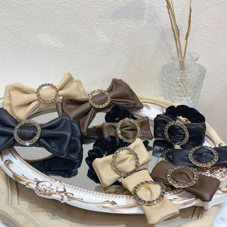 Bow Rhinestone Faux Leather Hair Tie / Hair Clip