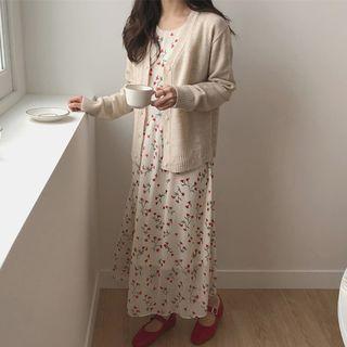 Floral Print Long-sleeve A-line Midi Chiffon Dress White - One Size
