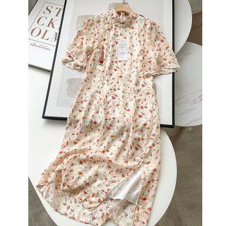 Set: Short-sleeve Floral Print Midi Qipao + Slipdress