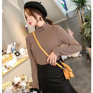 Turtleneck Striped Long-sleeve Ribbed T-shirt
