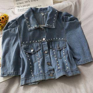 Pearl-trim Puff-sleeve Denim Jacket