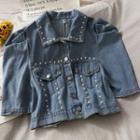 Pearl-trim Puff-sleeve Denim Jacket