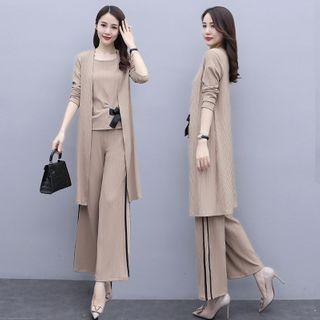 Set: Open-front Coat + Sleeveless Top + Striped Wide-leg Pants