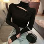 Mock-neck Cutout Shirred Long-sleeve T-shirt