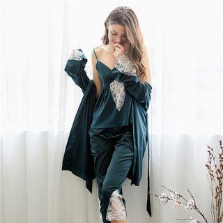 Loungewear Set: Lace Panel Camisole Top + Pants + Robe