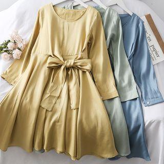 Ribbon-waist Plain A-line Dress