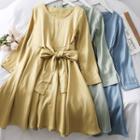 Ribbon-waist Plain A-line Dress