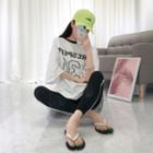 Set: Round-neck Letter Print T-shirt + Contrast-trim Leggings