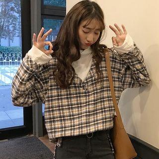 Plaid Mock Two-piece Turtleneck Pullover
