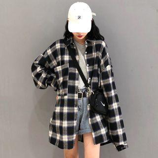 Plaid Medium Long Shirt Black - One Size