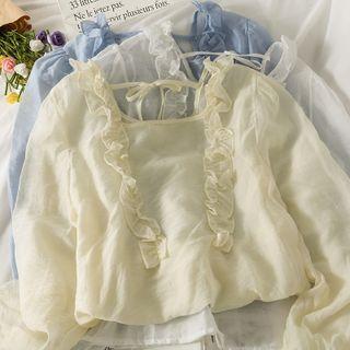 Square-neck Ruffle-trim Sheer Top