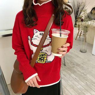 Fortune Cat Embroidered Sweater