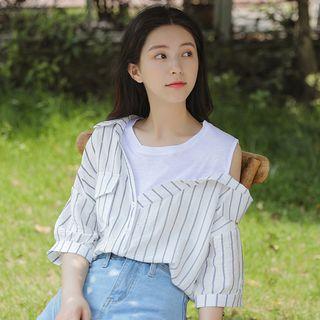 Stripe Mock Two-piece Elbow-sleeve Shirt