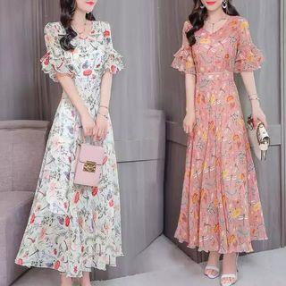 Elbow-sleeve Floral-pattern Maxi A-line Dress