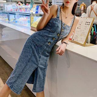Wide Strap Denim Button Midi Sheath Dress