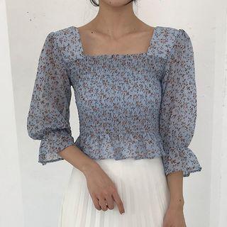 Floral Print Elbow-sleeve Square-neck Top