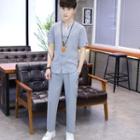 Set: V-neck Applique Short-sleeve Shirt + Cropped Pants