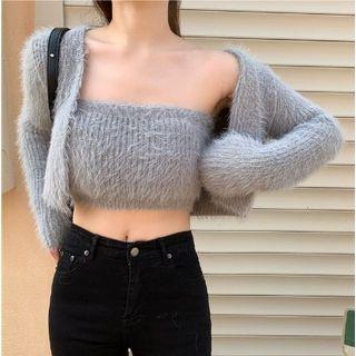 Fluffy Tube Top / Strapless Mini Bodycon Dress / Cropped Fluffy Cardigan