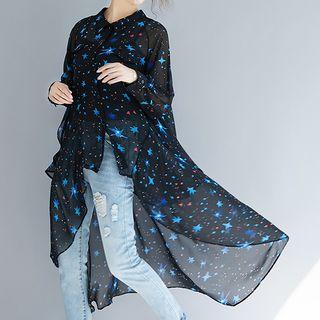 Star Print Dip Back Long Shirt Star - Black - One Size