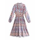 Long-sleeve V-neck Print Midi A-line Dress