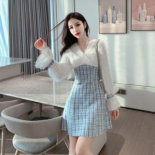 Long-sleeve Fringed Double-breasted Plaid A-line Dress