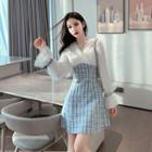 Long-sleeve Fringed Double-breasted Plaid A-line Dress
