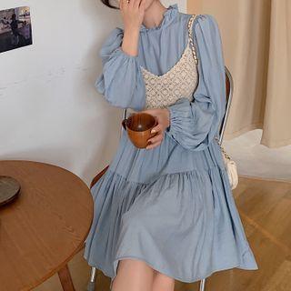 Set: Balloon-sleeve Midi A-line Dress + Knit Camisole Top