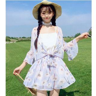Set: Flower Print Chiffon Jacket + Shorts + Camisole