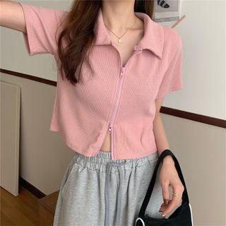 Short-sleeve Zipped Plain Crop Top