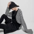 Long-sleeve Striped Panel T-shirt Black - One Size