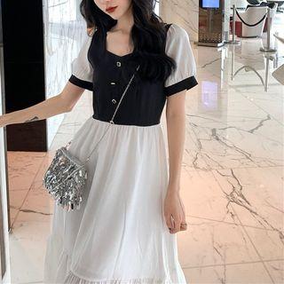 Puff-sleeve Color Block A-line Midi Dress