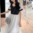 Puff-sleeve Color Block A-line Midi Dress
