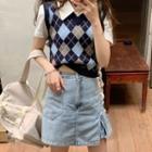 Argyle Sweater / Short-sleeve Polo Shirt / Mini Skirt