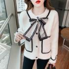 Long-sleeve Single-breasted Color-block Bow Cardigan Almond - One Size
