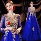 Long-sleeve Floral Applique A-line Gown