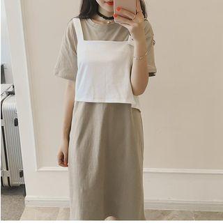 Set: Short-sleeve T-shirt Dress + Buckled Camisole Top