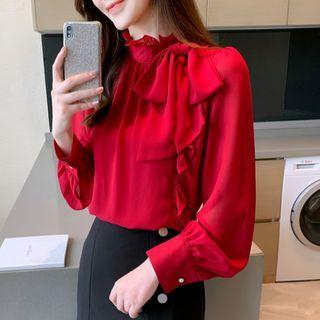 Long-sleeve Ribbon Mock-neck Blouse