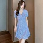 Short-sleeve V-neck Ruffled Trim Panel Floral Chiffon Dress