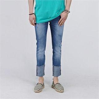 Straight-cut Roll-up Washed Jeans