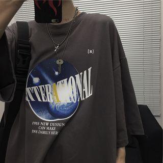 3/4-sleeve Printed T-shirt Dark Gray - One Size