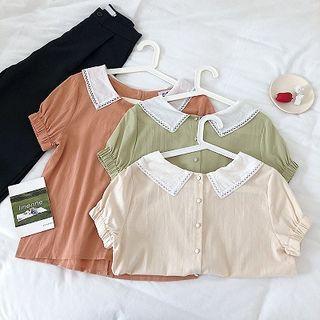 Color-block Single-breasted Short-sleeve Blouse