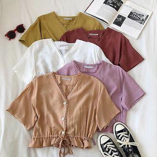 Plain V-neck Lace-trim Short-sleeve Blouse