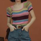 Short-sleeve Striped Knit Crop Top Pink & Green - One Size